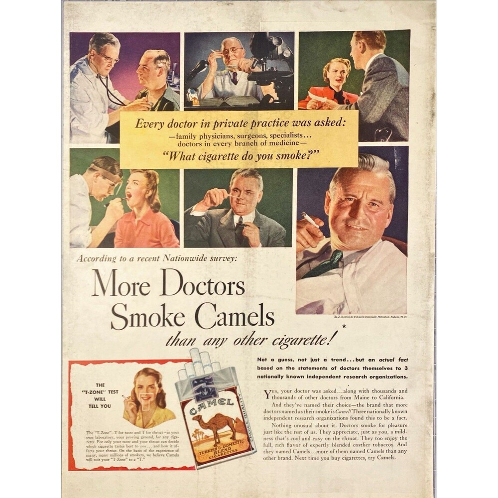 Camel Cigarettes "More Doctors Soke Camels" Vintage Print Ad 1946